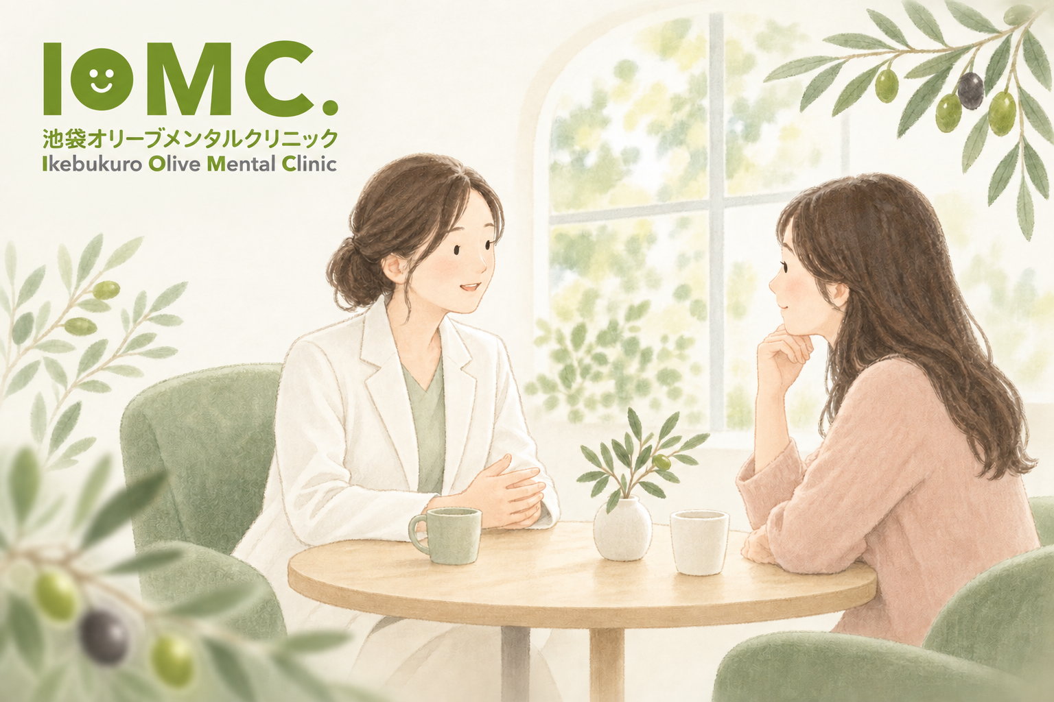 医院ロゴと、医師に相談する女性のイラスト