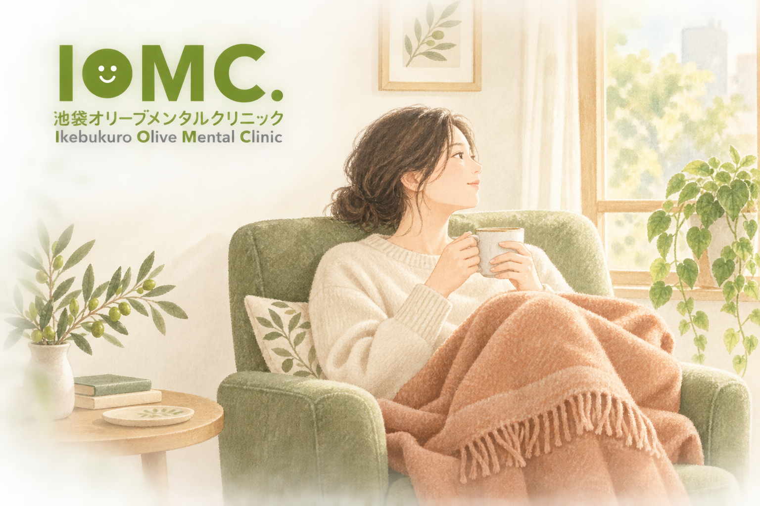 医院ロゴと、椅子でお茶を飲みながら休む女性のイラスト