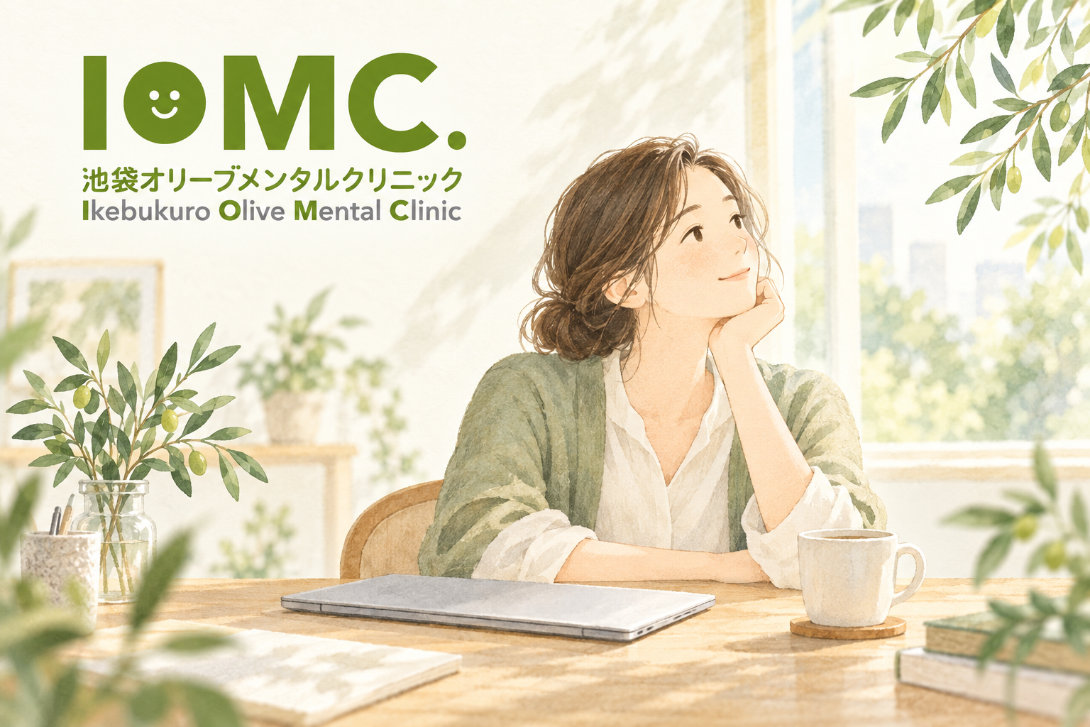 医院ロゴと、仕事の合間にひと息つく女性のイラスト