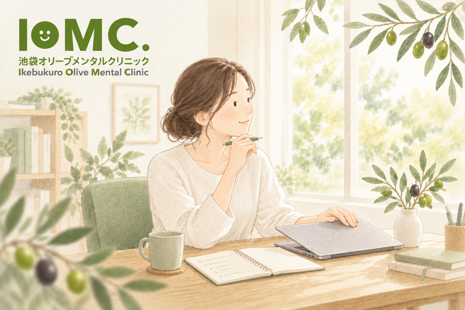 仕事の手を休め、治療について相談するためのメモを考える女性の水彩イラスト