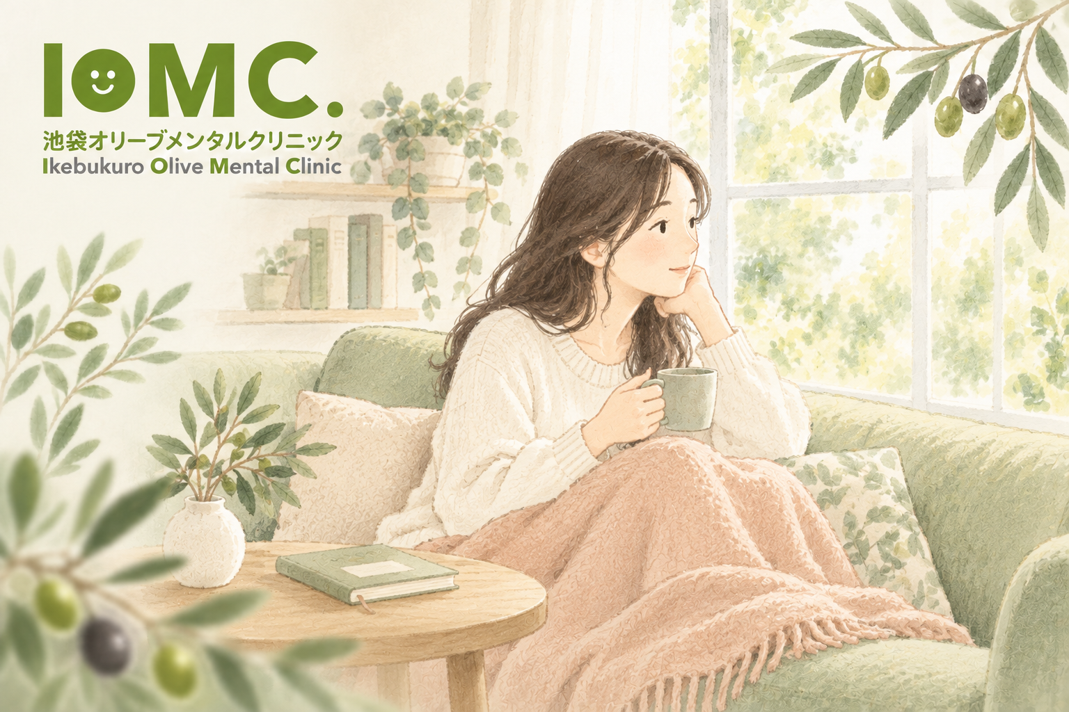 疲れを感じて窓辺のソファで静かに休む女性の水彩イラスト