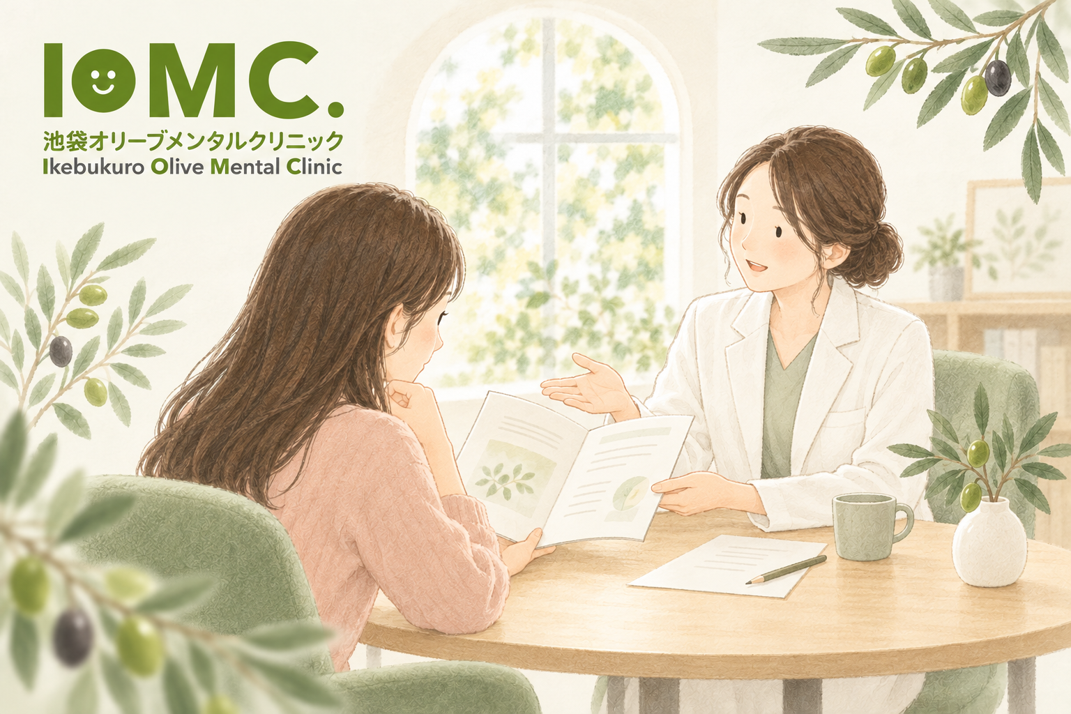 治療の説明を聞きながら資料を確認する女性と医師の水彩イラスト