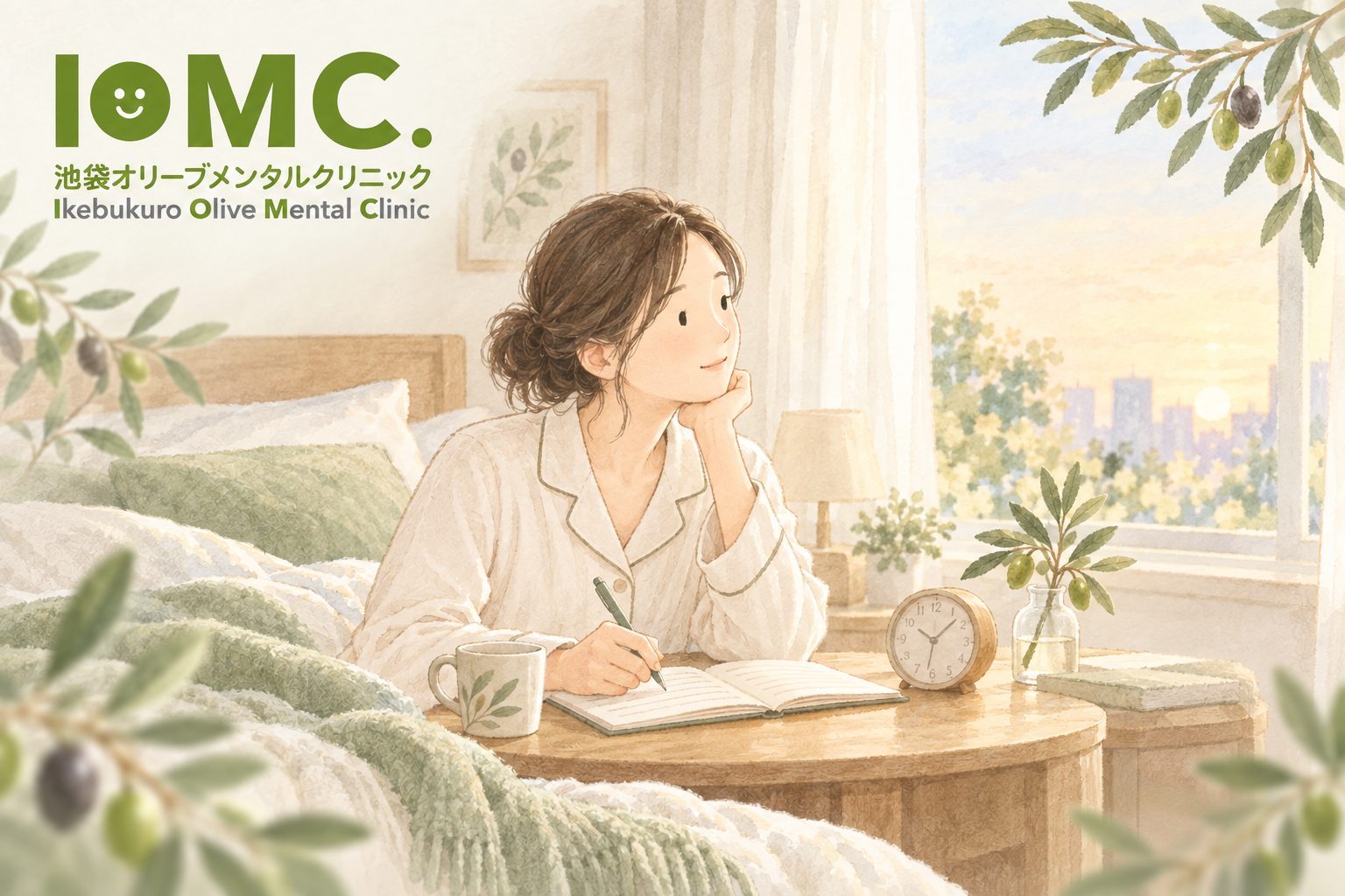 朝の寝室で睡眠の記録をつける女性の水彩イラスト