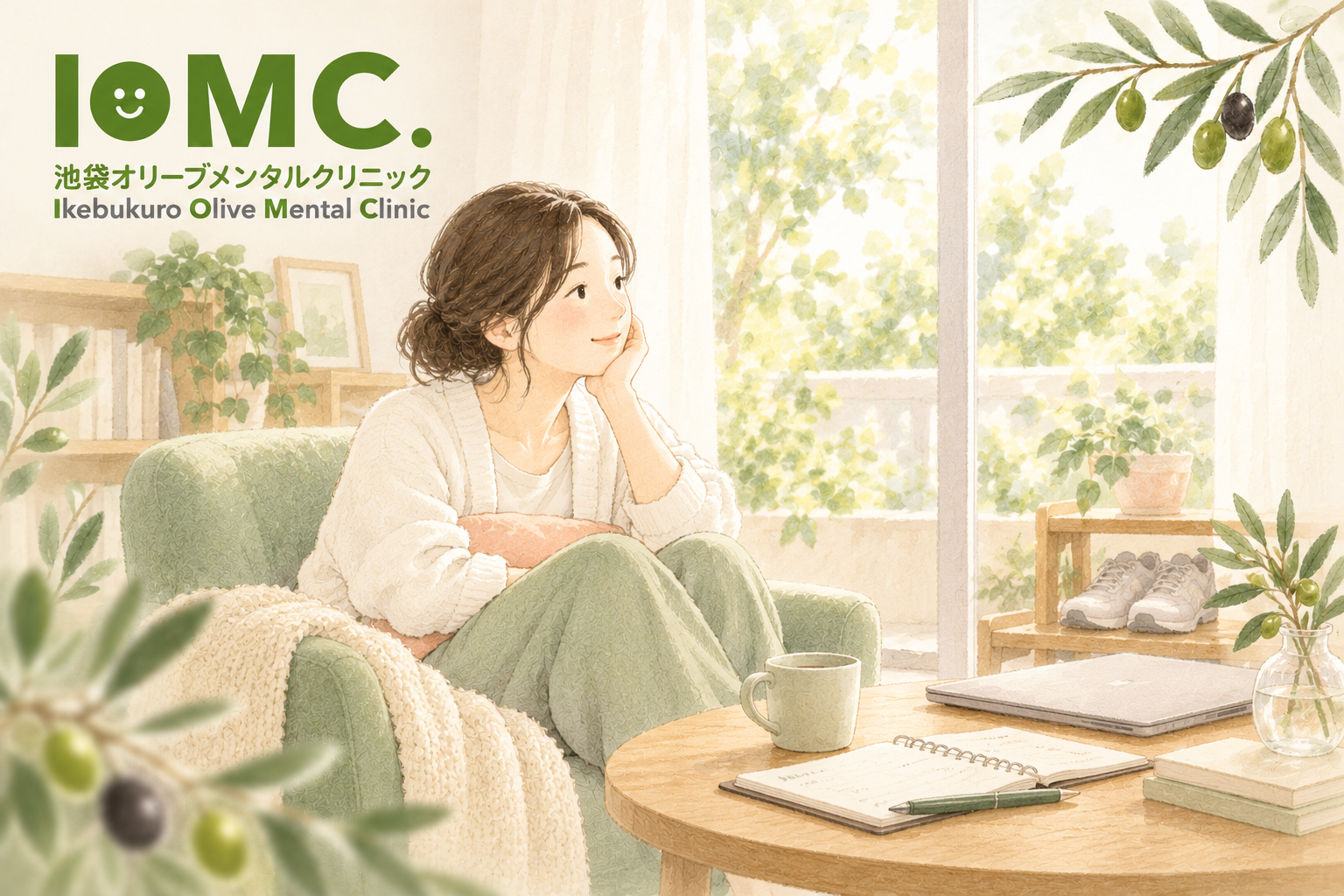 仕事の負担から離れ、窓辺の椅子で休養する女性の水彩イラスト