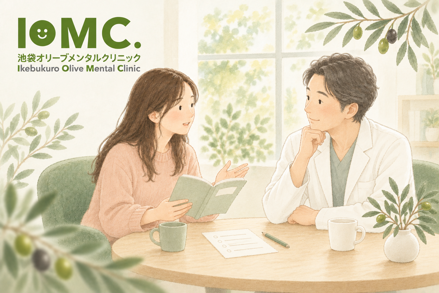 薬への不安や治療の希望を医師に相談する女性の水彩イラスト
