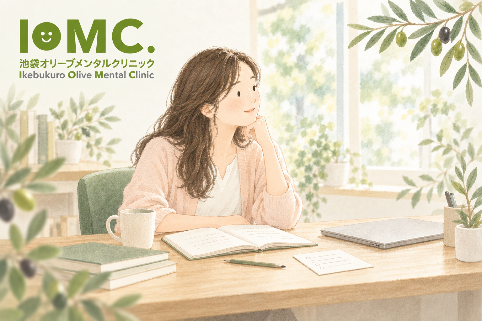 机の上の作業を整理し、ひとつずつ取り組む男性の水彩イラスト
