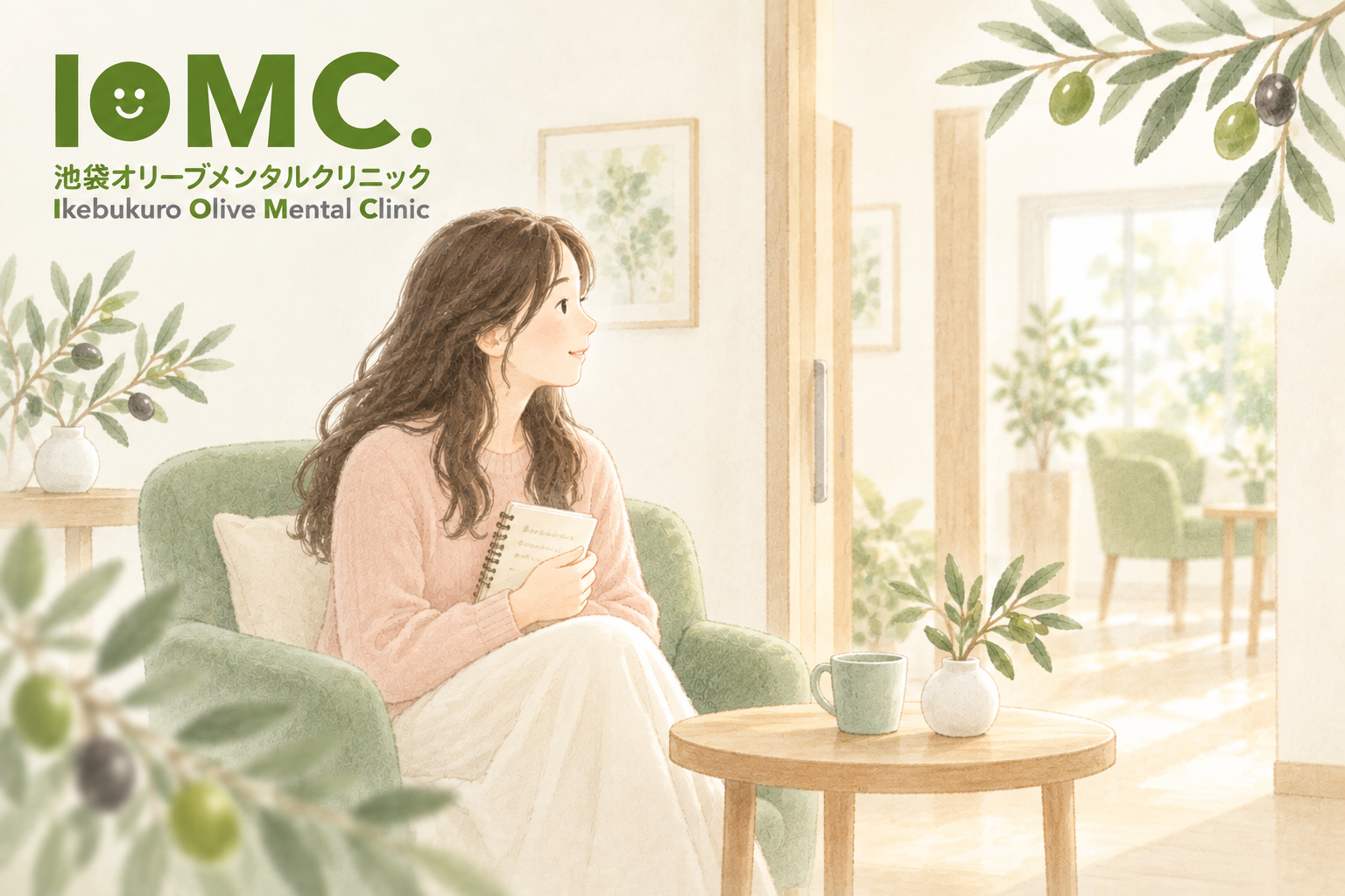 相談したいことを記したノートを持ち、落ち着いた待合室で待つ女性の水彩イラスト