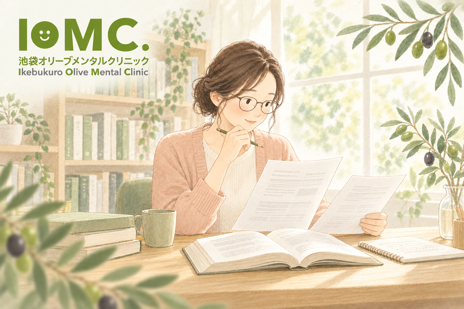 資料とノートを広げ、治療に関する研究を丁寧に読む女性の水彩イラスト